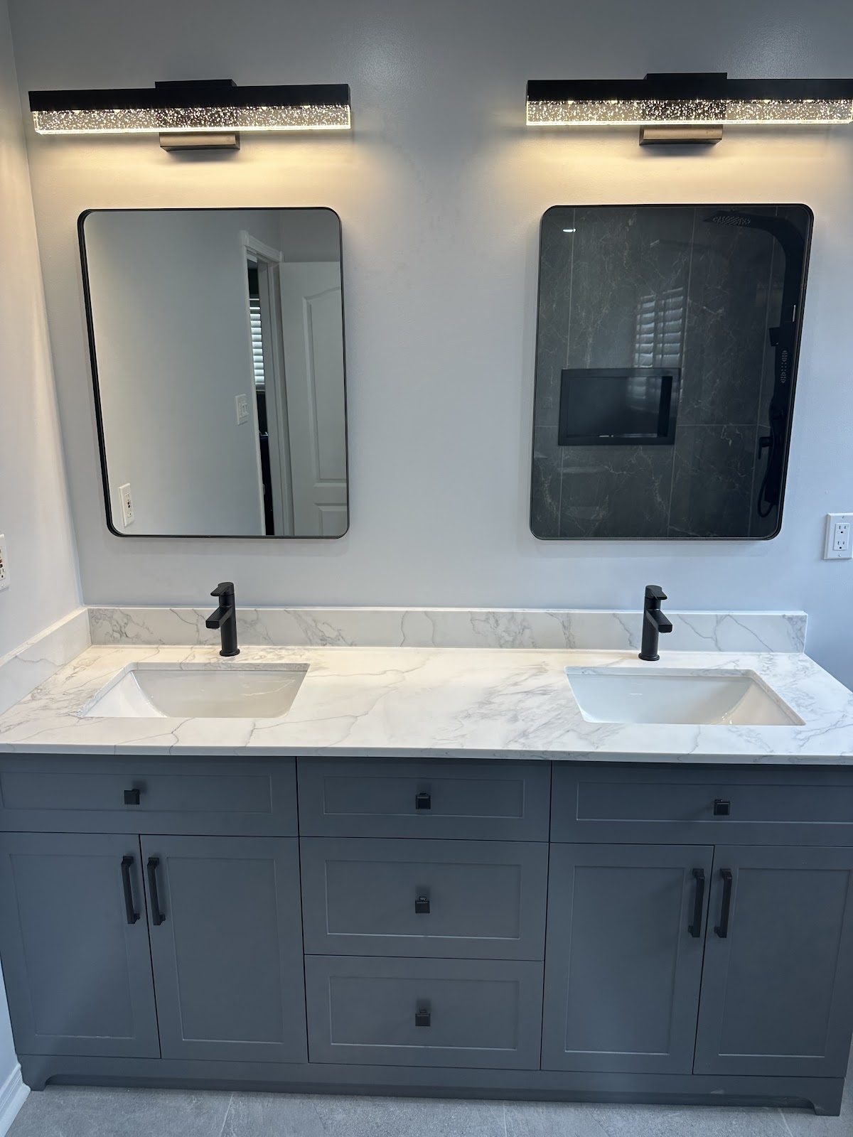 Real completed double vanity bathroom renovation